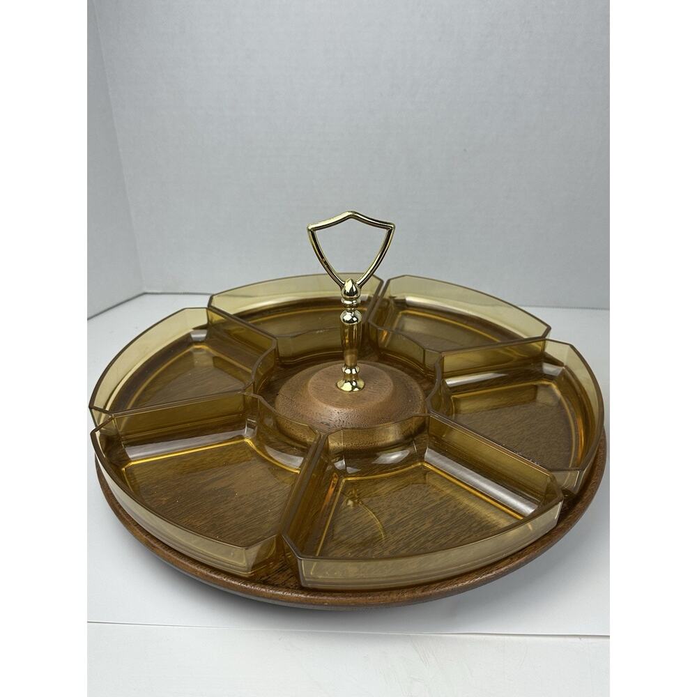 Mid Century Lazy Susan Appetizers Serving Tray Faux Wood With 6 Removable Trays